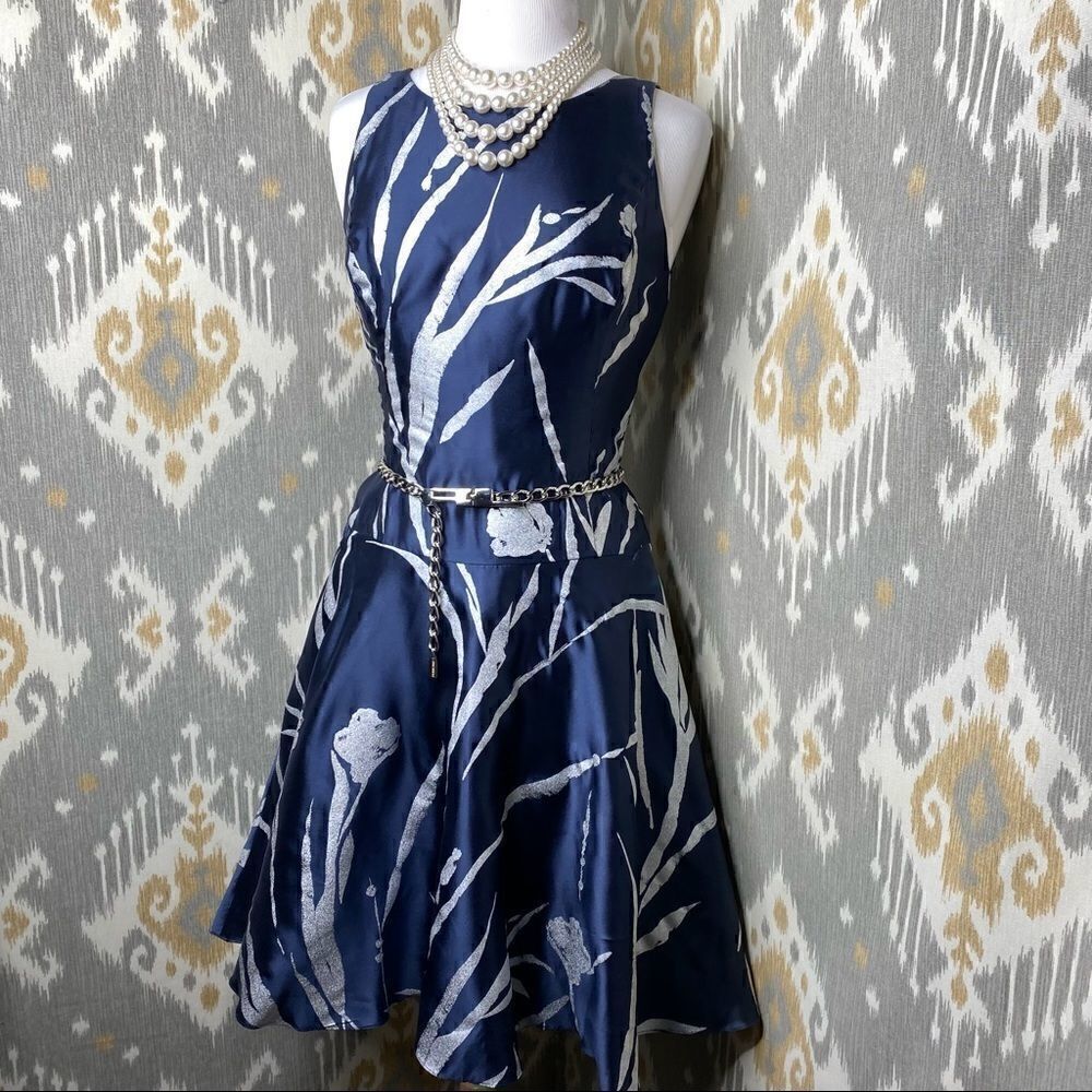 Ralph Lauren Silver Foil Botanical Print Navy Silk Fit & Flare Dress - Picture 7 of 16